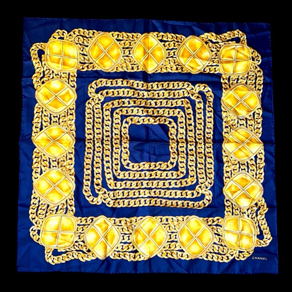 Chanel Blue and Gold Silk Scarf - Picture 1 of 6